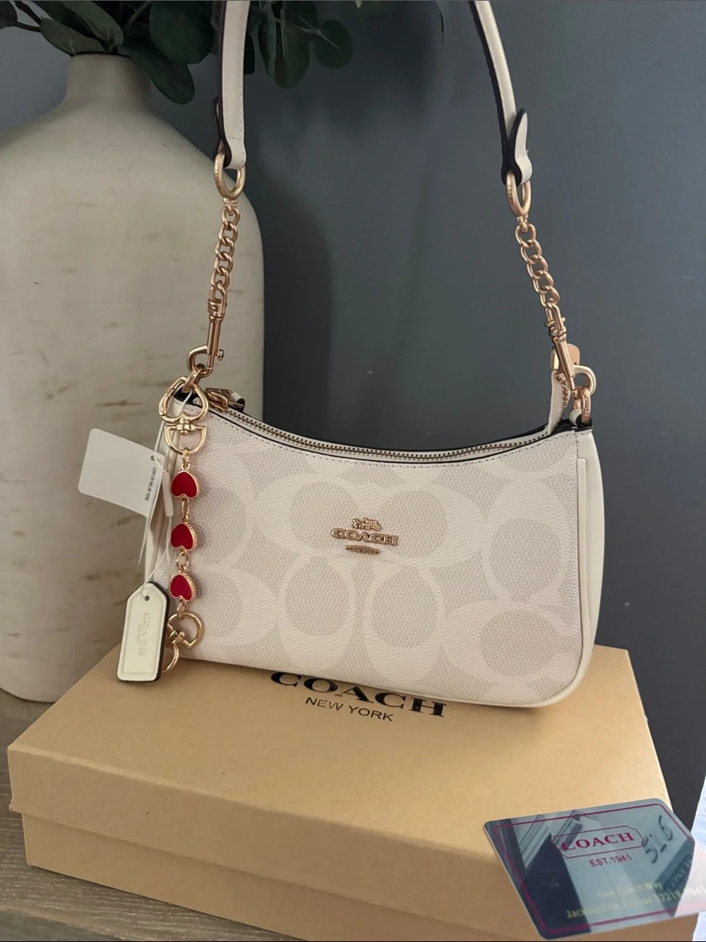 Coach Cream Signature Mini Shoulder Bag with Red Heart Charm